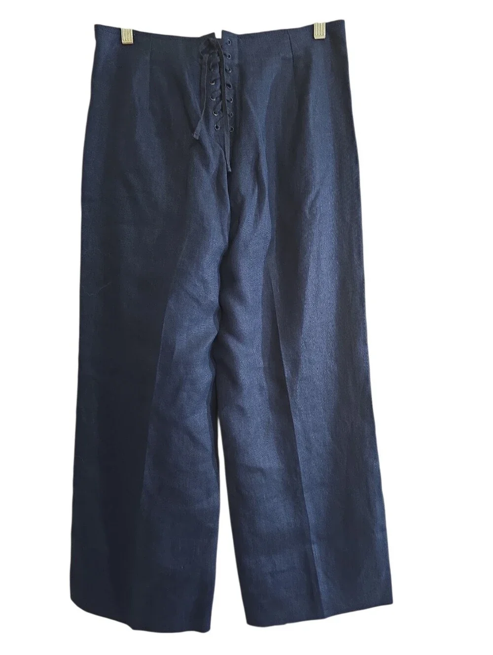 J. Crew Navy Linen Sailor Wide Leg Pants Cropped 6 Back Lace Detail Coastal Vaca